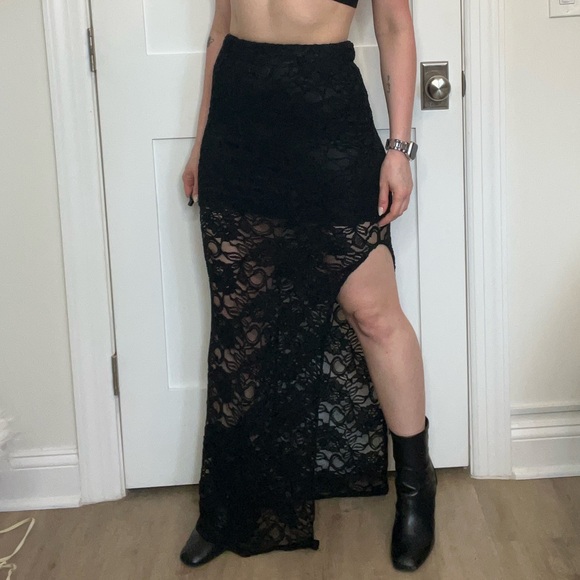 Lace Biker Mini Skirt with Slit - Picture 1 of 7